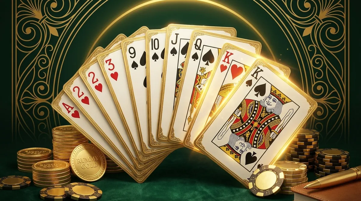 A golden-edged fan of rummy cards with gold coins and chips, representing the Rummy Gold app.